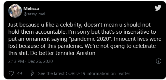 Twitter Comment, Jennifer Aniston Ornament Post 