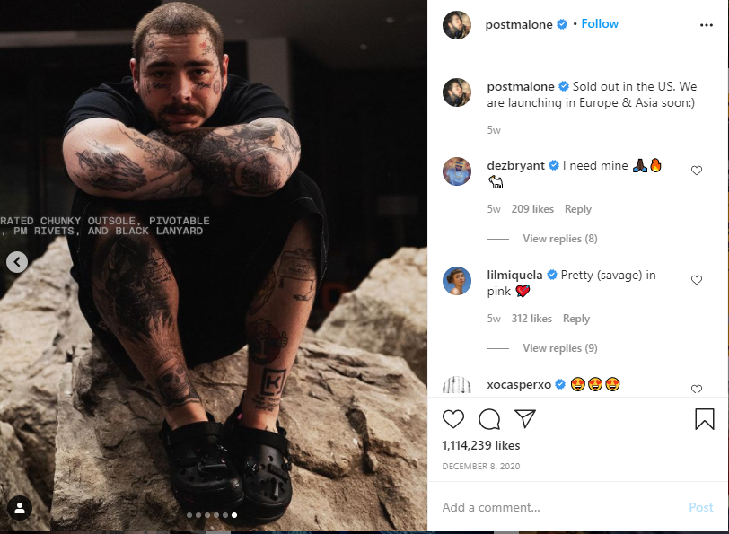 Post Malone, Crocs, Instagram Post