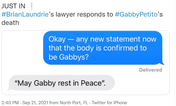 Brian Laundrie Attorney Response - tweet