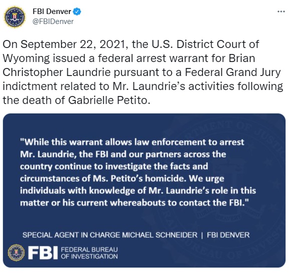 FBI Brian Laundrie warrant tweet 